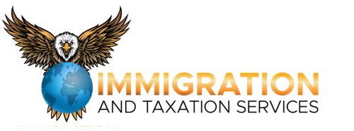 Immigration & Taxation Services logo — gold eagle over a blue globe